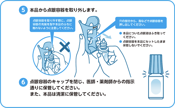 使用方法：点眼容器の取り外し→保管の図